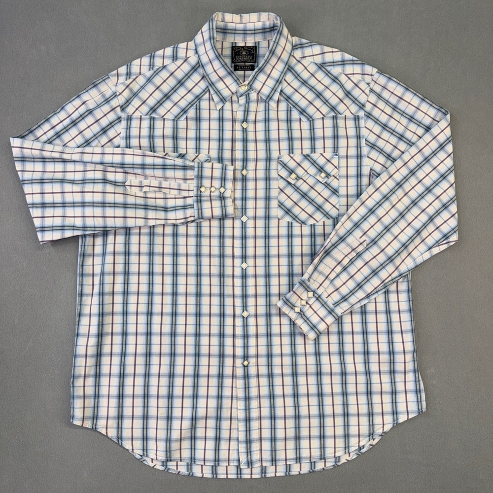 Lucky Brand Mens XXL Western Pearl Snap Shirt Plaid Blue Cotton Long Sleeve XXL